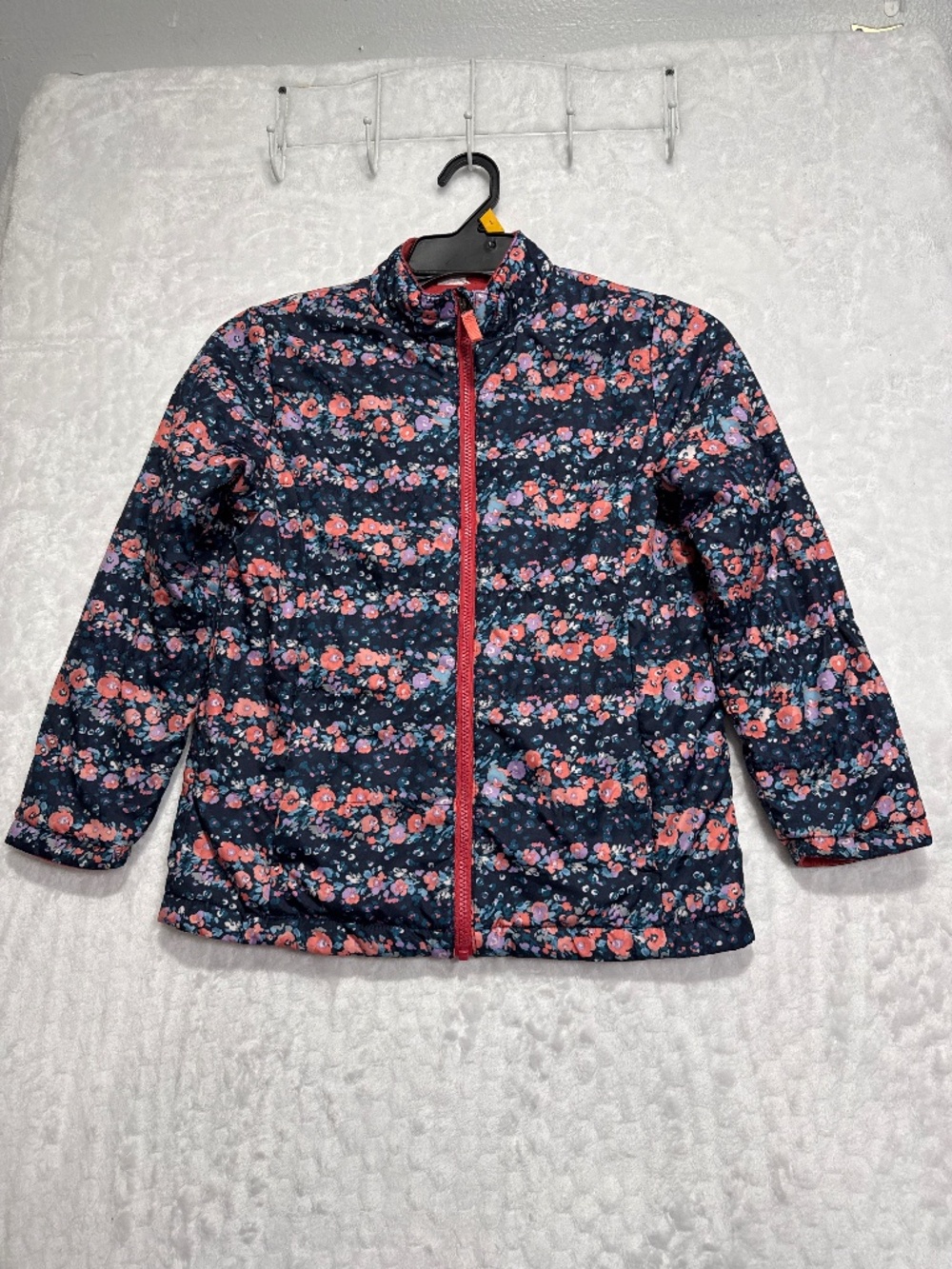 Girls floral-print zip-up light puffer jacket fleece lined blue pink L (10-12)